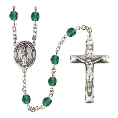 Spanish Virgen de Fatima Engravable Rosary with Pewter Crucifix and Centerpiece, Birthstone 6mm Fire Polished Zircon Beads for December, Bliss Manufacturing