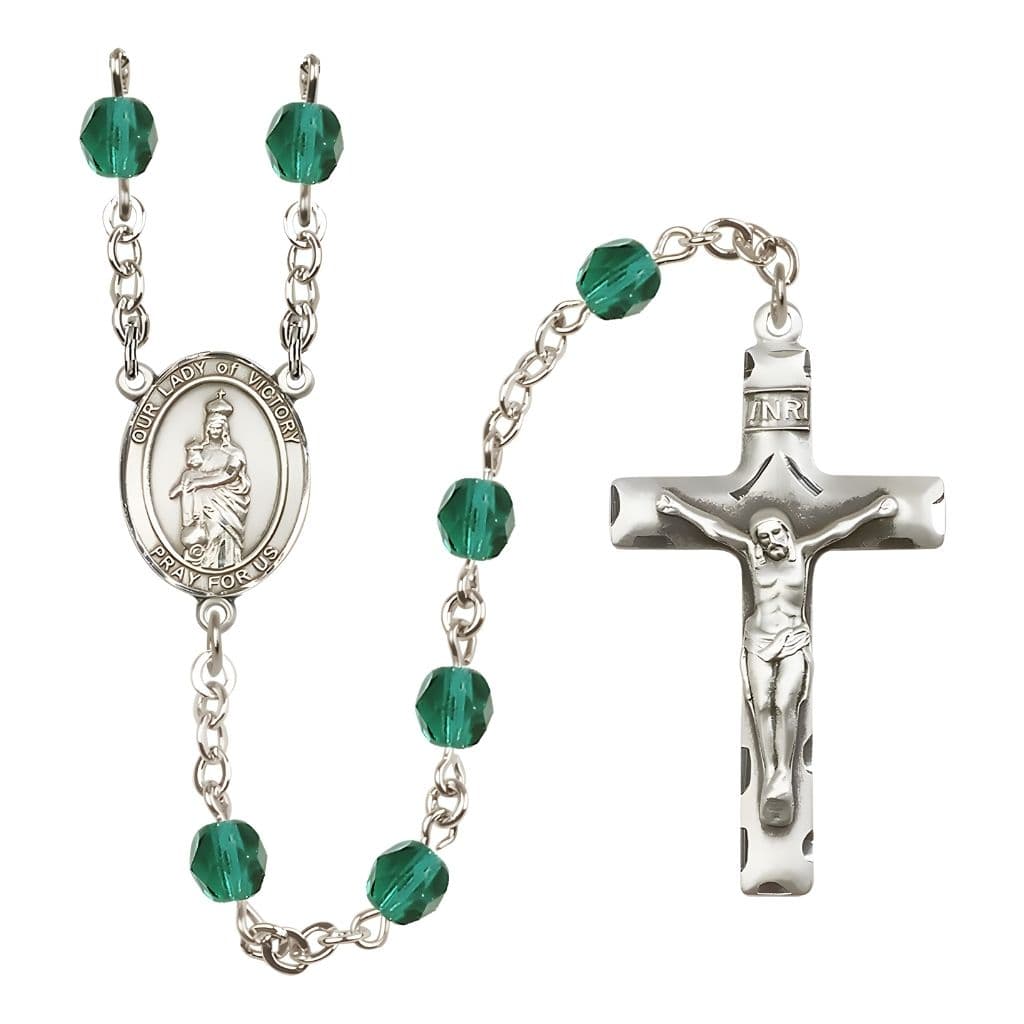 Bliss Catholic Our Lady of Victory Birthstone 6mm Zircon Fire Polished Silver-plated Rosary with Pewter Centerpiece and Crucifix