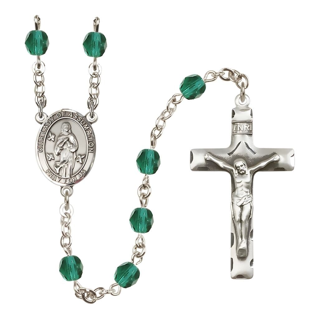 Our Lady of Assumption Engraved Birthstone 6mm Zircon Fire Polished Silver-plated Rosary with Pewter Centerpiece and Crucifix