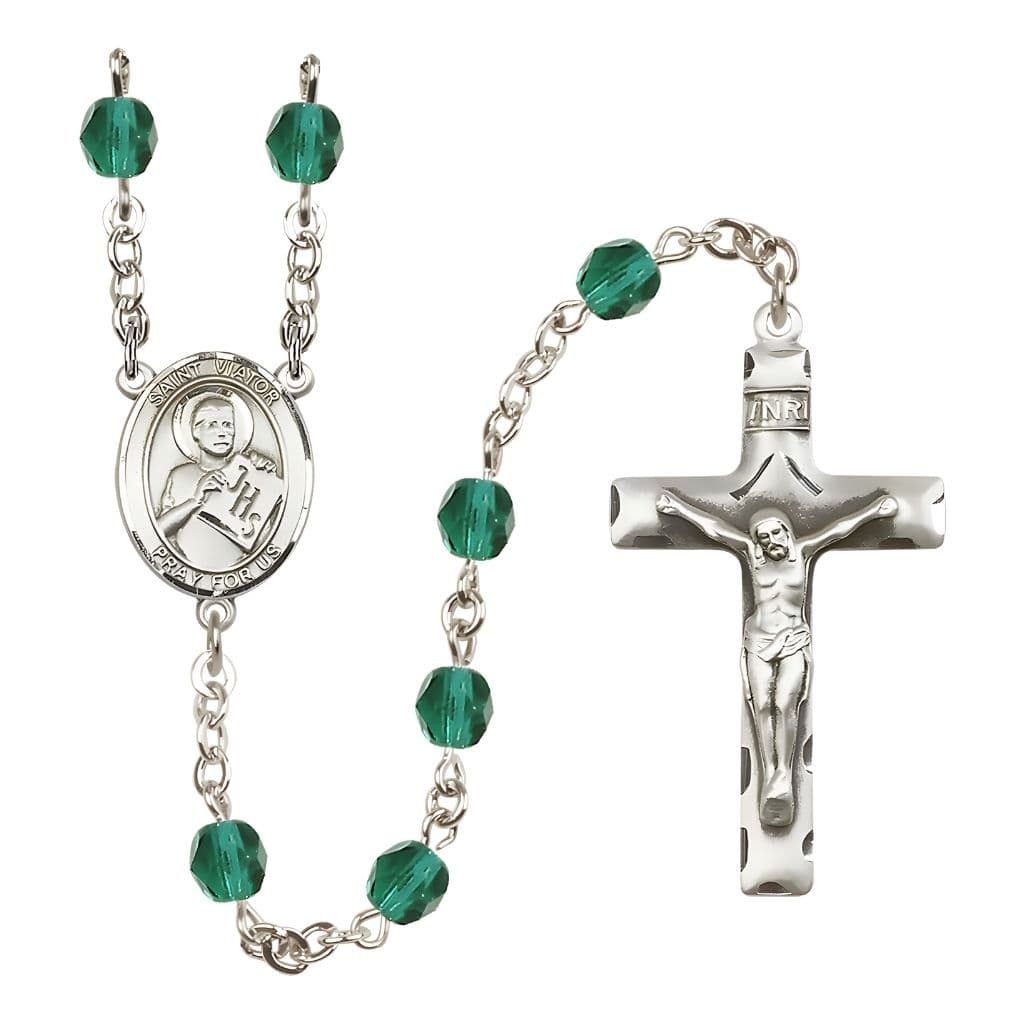 Bliss St. Viator of Bergamo Engravable Rosary with Pewter Crucifix and Centerpiece, Birthstone 6mm Fire Polished Zircon Beads for December