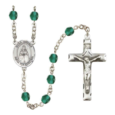 Spanish Rosa Mystica Silver-plated Rosary with Pewter Crucifix and Centerpiece, Birthstone 6mm Fire Polished Zircon Beads for December