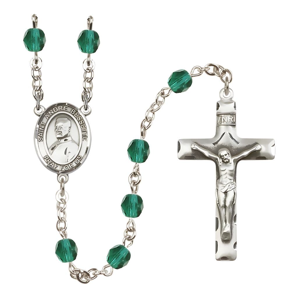 Bliss St. Andre Bessette Engravable Rosary with Pewter Crucifix and Centerpiece, Birthstone 6mm Fire Polished Zircon Beads for December
