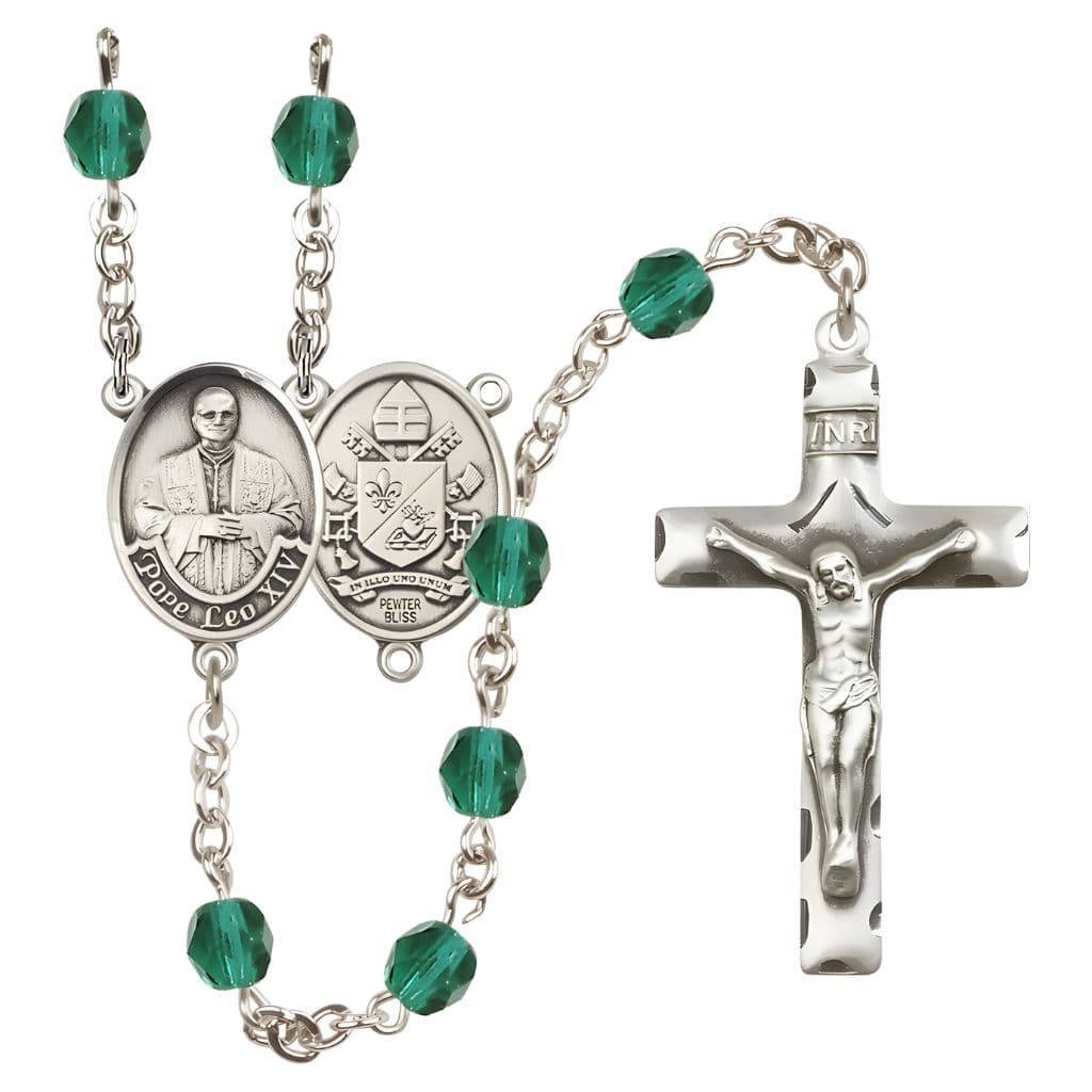 Bliss Pope Leo XIV Birthstone Engravable Rosary with Pewter Center and Crucifix, 6mm Fire Polished Beads in Zircon for December