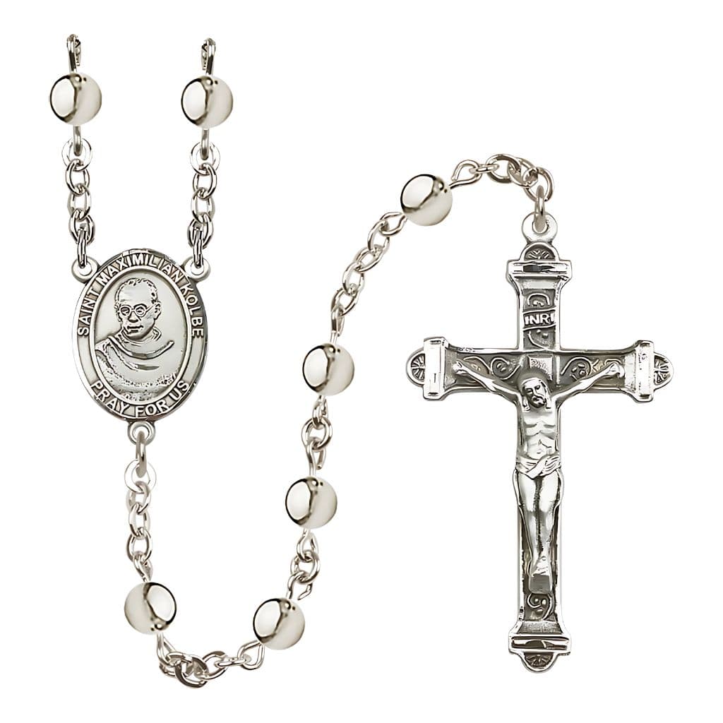 St. Maximilian Kolbe 6mm Silver-plated Bead Rosary with Pewter Center and Crucifix made by Bliss,