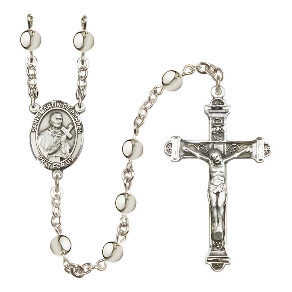 Saint Martin de Porres 6mm Silver-Plated Bead Rosary with Pewter Centerpiece and Crucifix in Gift Box, Made in USA by Bliss Manufacturing