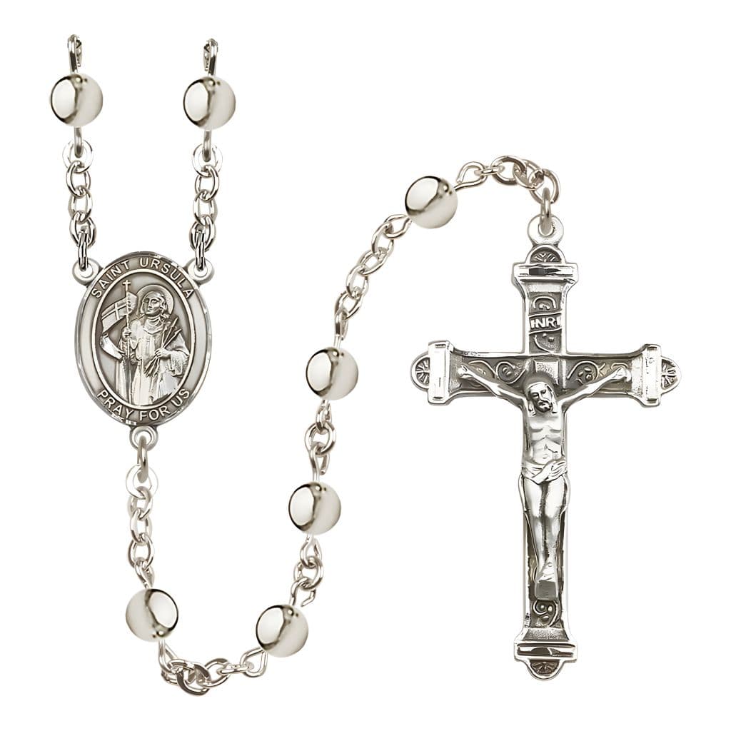 St. Ursula 6mm Silver-Plated Bead Catholic Rosary with Pewter Centerpiece and Crucifix, Made in USA by Bliss