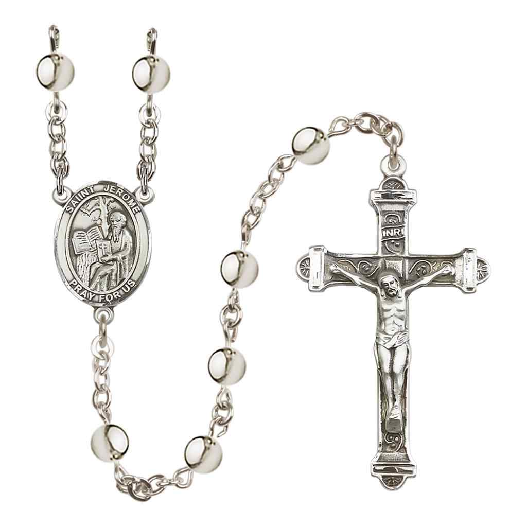 Saint Jerome 6mm Silver-Plated Bead Rosary with Pewter Centerpiece and Crucifix in Gift Box, Made in USA by Bliss Manufacturing