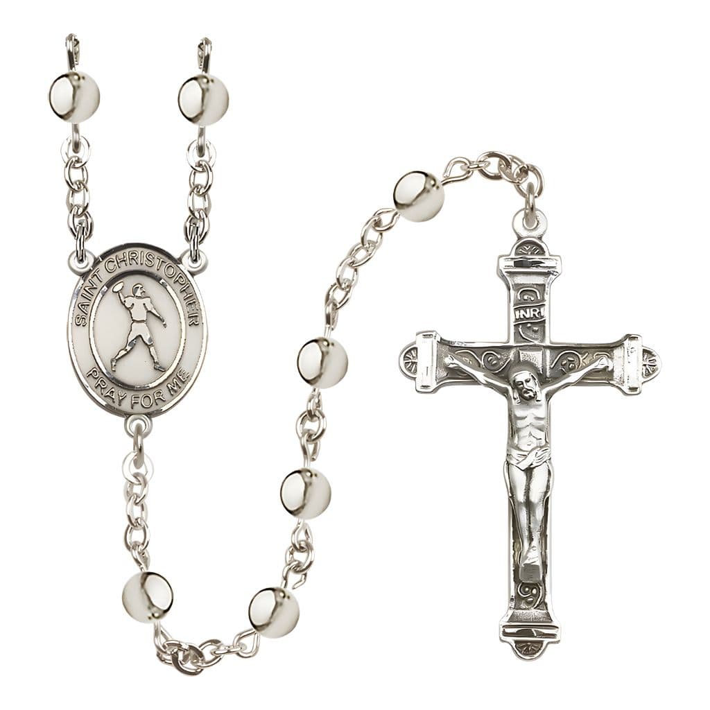 Bliss Football St. Christopher 6mm Silver-Plated Catholic Rosary with Pewter Centerpiece and Crucifix