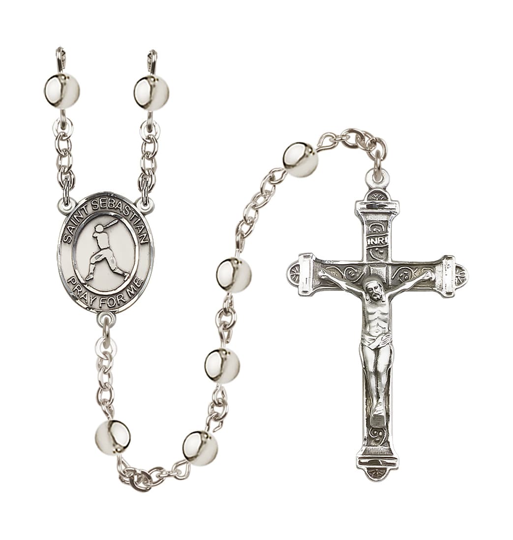 Bliss St Sebastian Baseball 6mm Silver-Plated Bead Rosary,