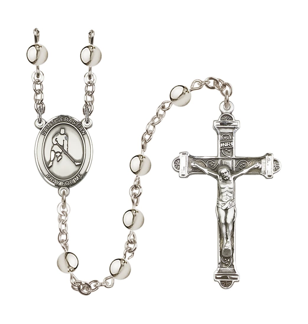 Bliss St Sebastian Ice Hockey 6mm Silver-Plated Bead Rosary,