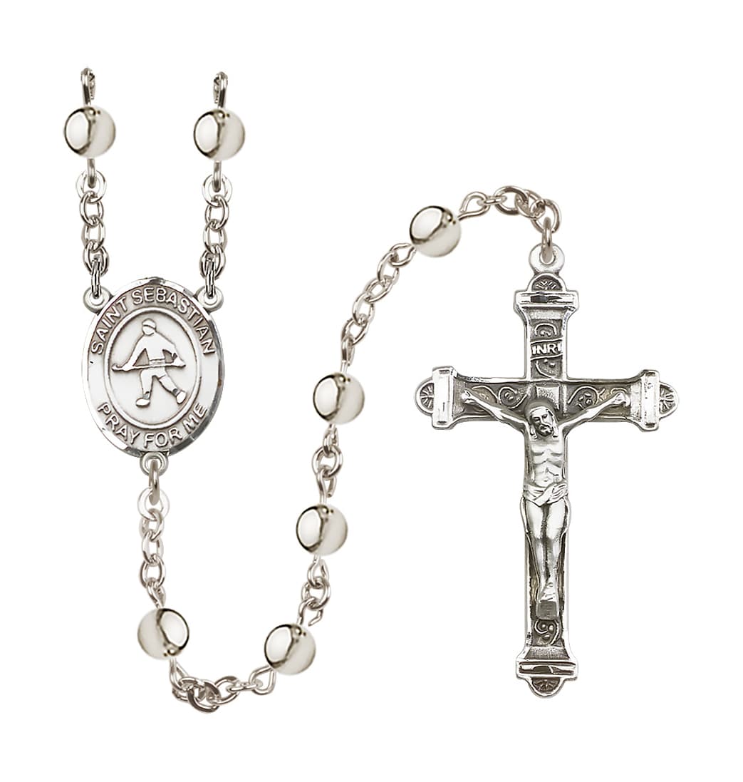 Bliss St Sebastian Field Hockey 6mm Silver-Plated Bead Rosary,