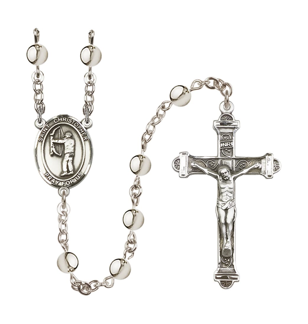 Bliss St Christopher Archery 6mm Silver-Plated Bead Rosary,