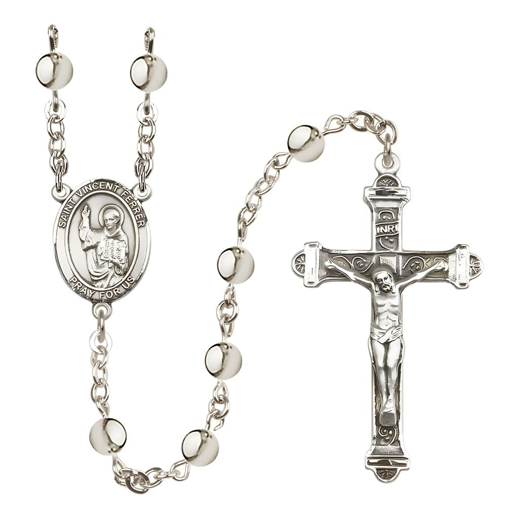 Bliss St. Vincent Ferrer 6mm Silver-Plated Catholic Rosary with Pewter Centerpiece and Crucifix