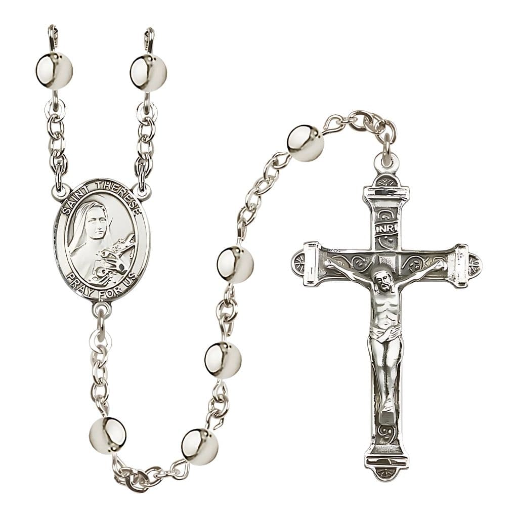 Bliss St. Therese of Lisieux 6mm Silver-plated Bead Rosary with Pewter Crucifix and Centerpiece