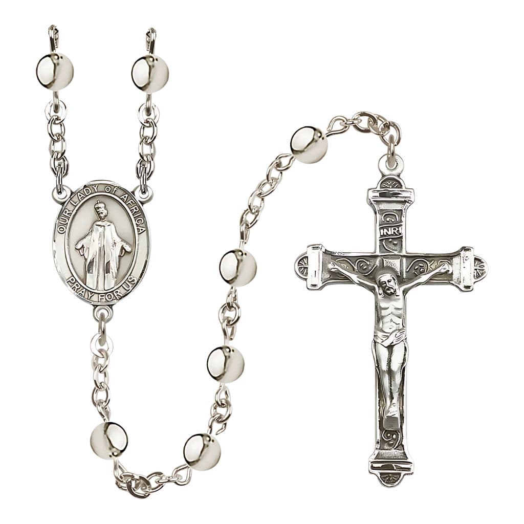 Our Lady of Africa 6mm Silver-plated Catholic Rosary with pewter centerpiece and crucifix, handmade in the USA,