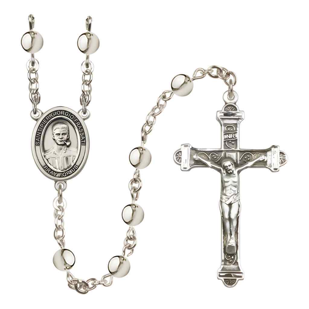 Saint Pier Giorgio Frassati 6mm Silver-Plated Bead Rosary with Pewter Centerpiece and Crucifix in Gift Box, Made in USA by Bliss Manufacturing