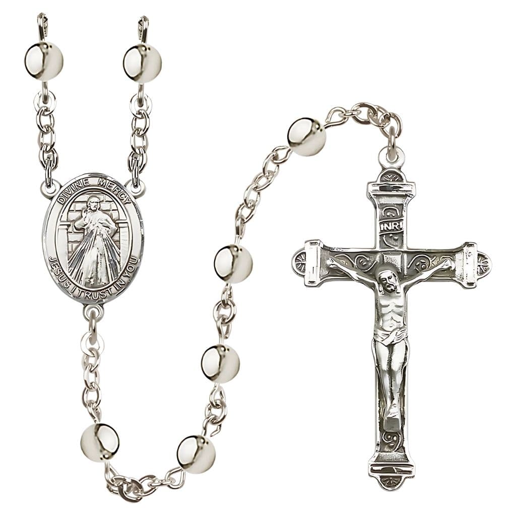 Bliss Jesus Divine Mercy 6mm Silver-Plated Catholic Rosary with Pewter Centerpiece and Crucifix