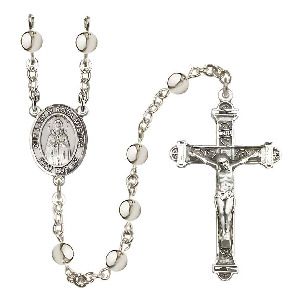 Our Lady of Rosa Mystica 6mm Silver-Plated Bead Rosary with Pewter Centerpiece and Crucifix, Gift Box.