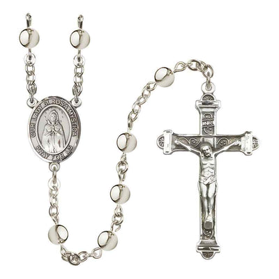 Our Lady of Rosa Mystica 6mm Silver-Plated Bead Rosary with Pewter Centerpiece and Crucifix, Gift Box.
