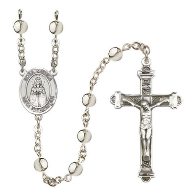 Spanish Rosa Mystica 6mm Silver-Plated Bead Rosary with Pewter Centerpiece and Crucifix, Gift Box.