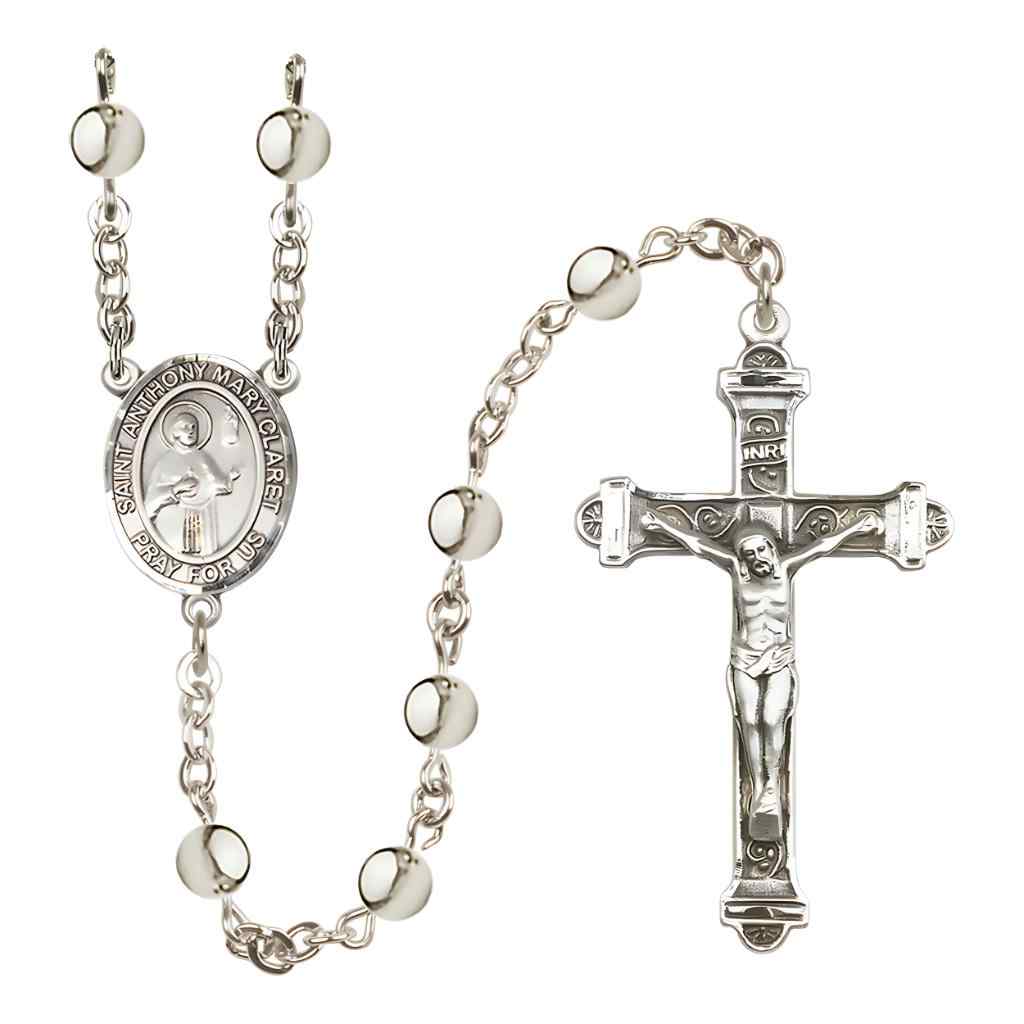 Saint Anthony Mary Claret 6mm Silver-Plated Bead Rosary with Pewter Centerpiece and Crucifix in Gift Box, Made in USA by Bliss Manufacturing