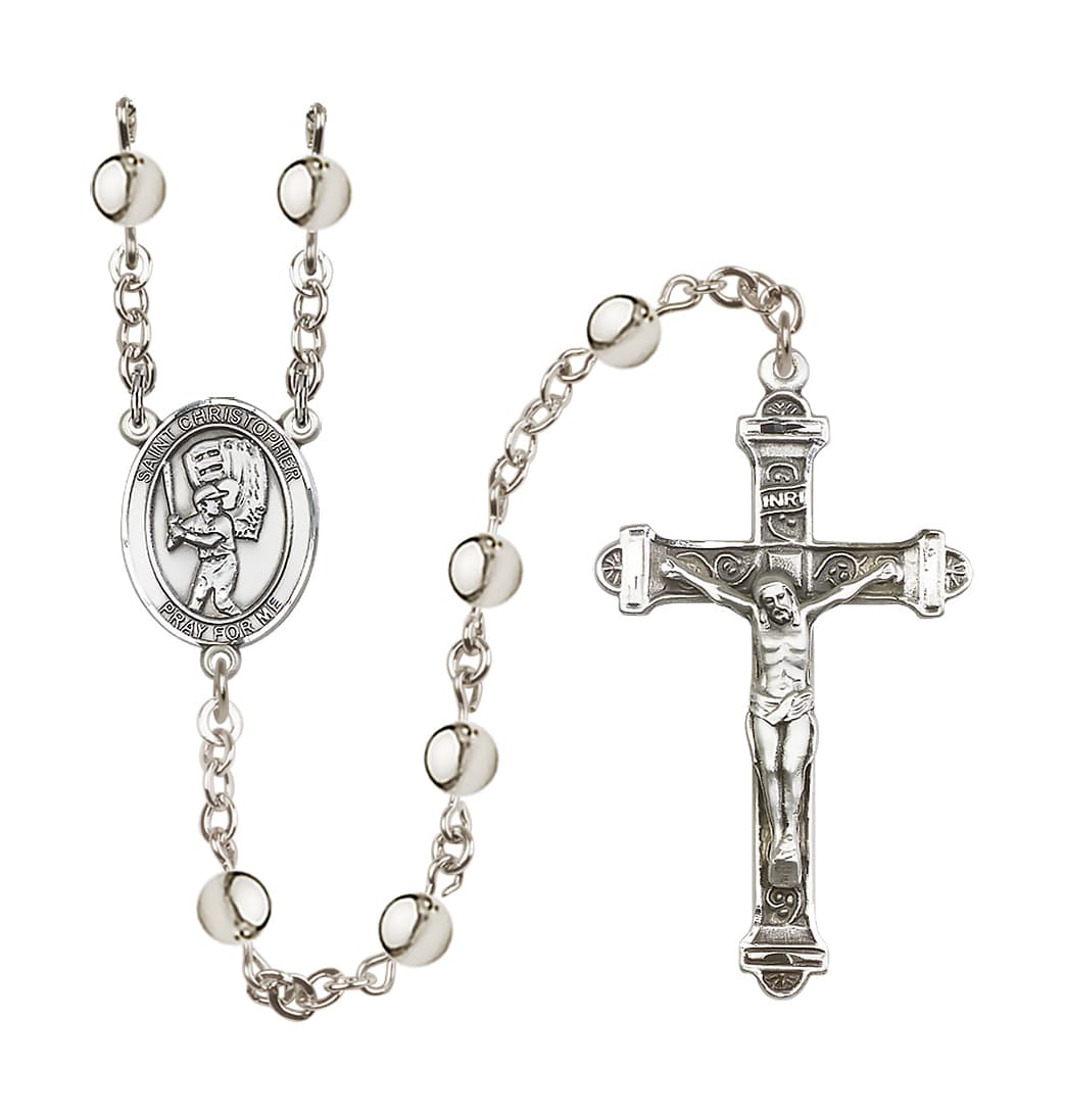 Bliss St Christopher Baseball Player 6mm Silver-Plated Bead Rosary,