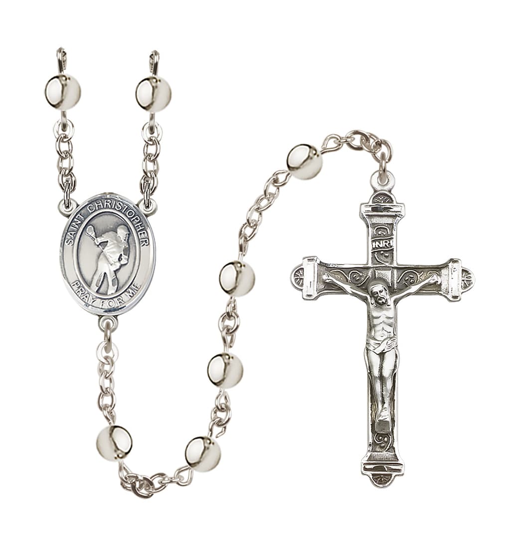 Bliss St Christopher Lacrosse 6mm Silver-Plated Bead Rosary,