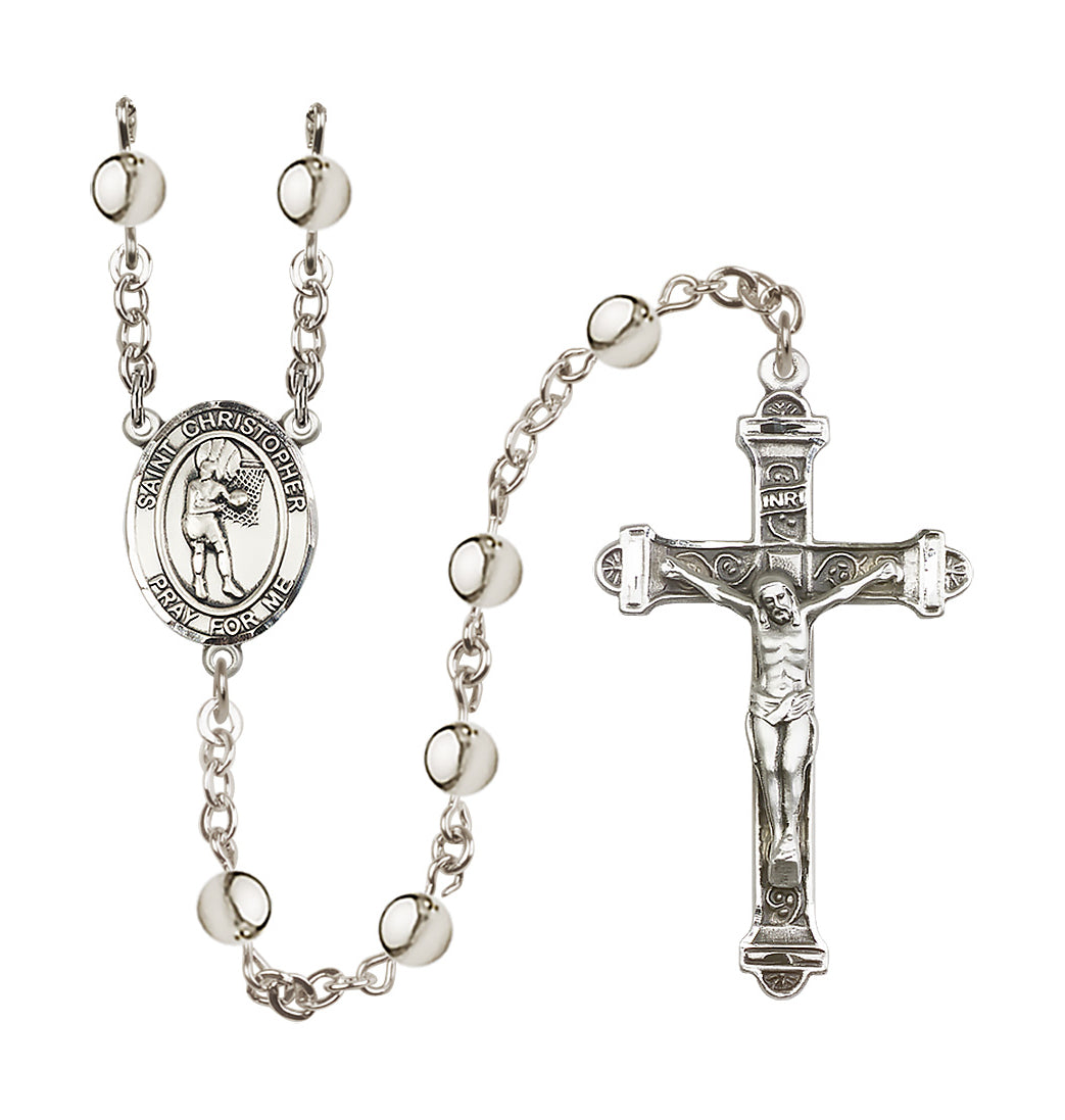 Bliss St Christopher Women's Basketball 6mm Silver-Plated Bead Rosary,