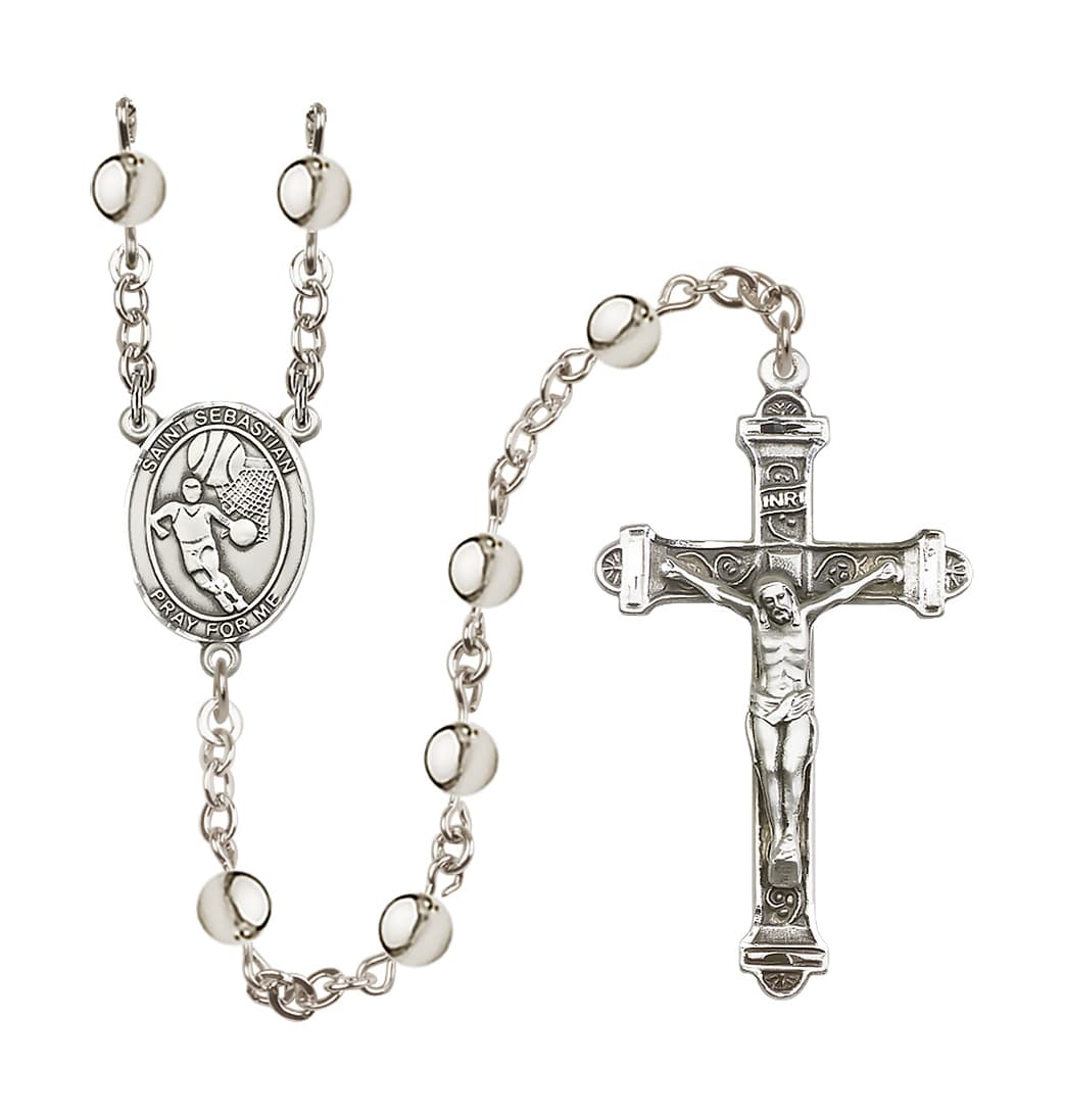 Bliss St Sebastian Basketball Player 6mm Silver-Plated Bead Rosary,