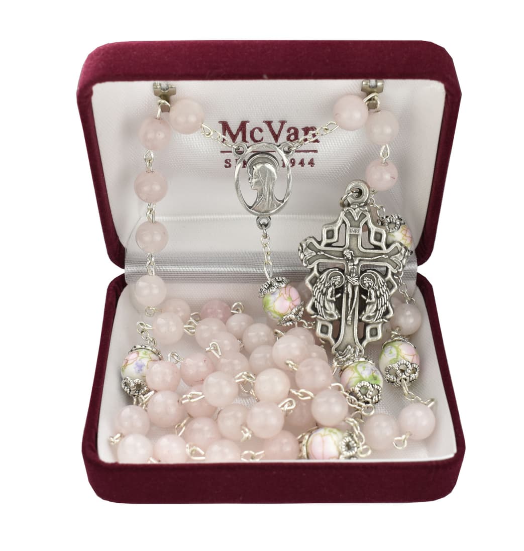 McVan Adoration 8mm Rose Quartz and Flower Ceramic Bead Rosary,