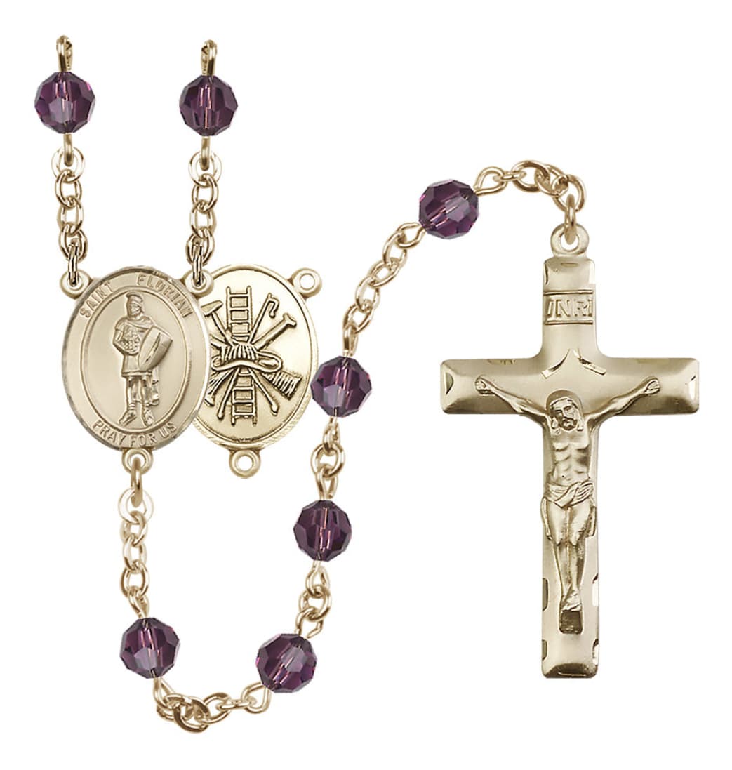 Bliss St Florian Firefighter Gold-filled 6mm Austrian Crystal Rosary in Amethyst February Birthstone,