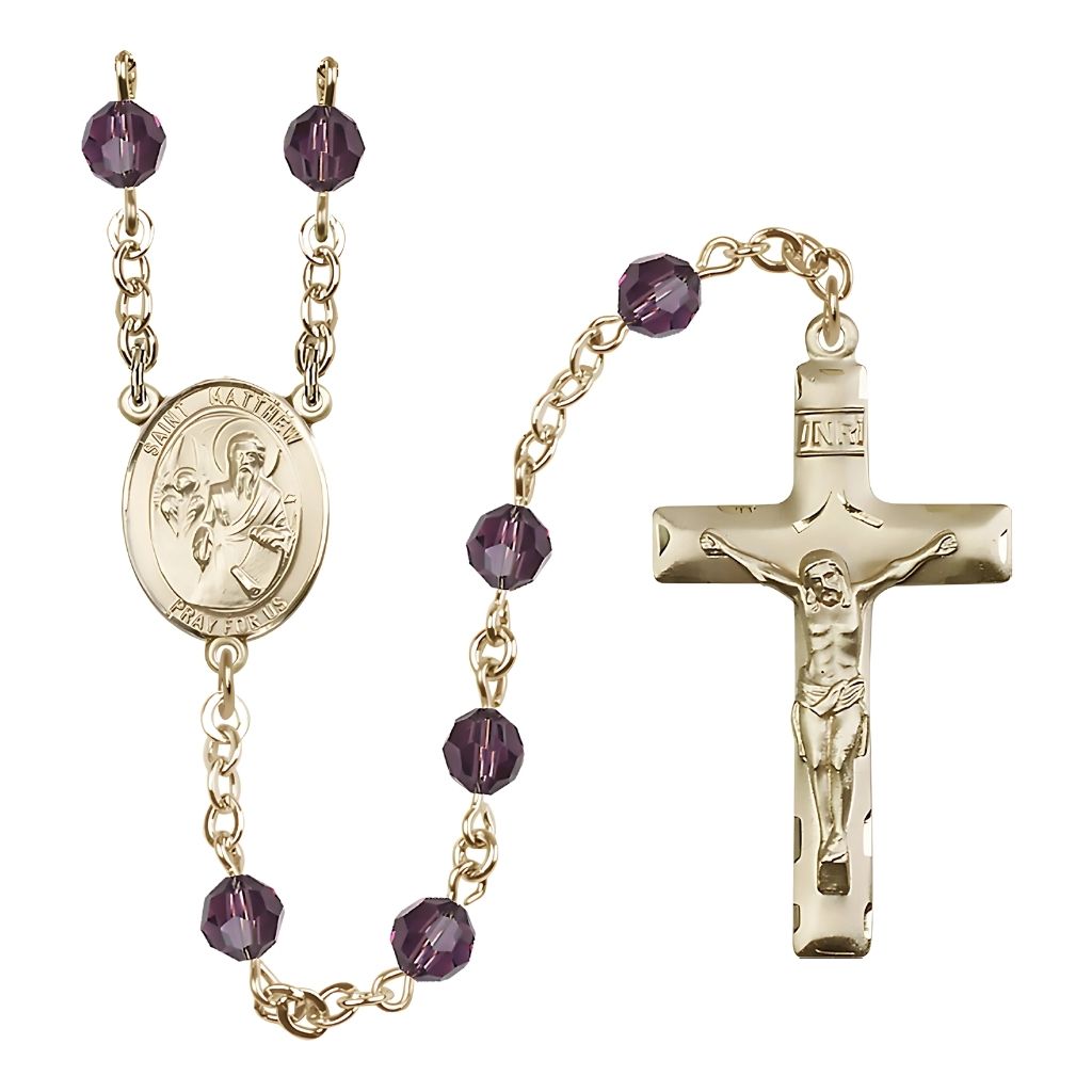 Bliss St. Matthew the Apostle Gold-filled Rosary with 6mm Amethyst Austrian Crystal Birthstone
