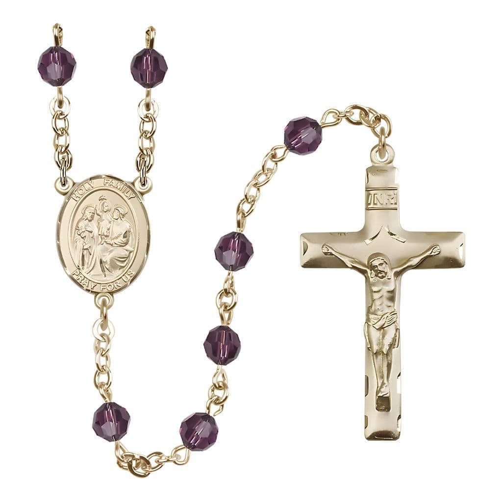 Bliss Holy Family Engravable Rosary with Gold-filled Crucifix and Centerpiece, Birthstone 6mm Austrian Crystal Amethyst Beads for February