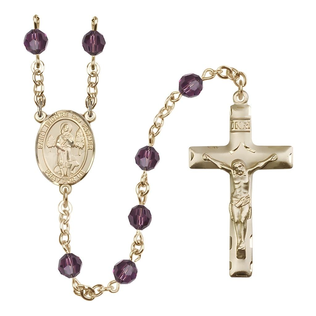 Bliss St. Isidore the Farmer Engravable Rosary with Gold-filled Traditional Crucifix and Centerpiece, Birthstone 6mm Austrian Crystal Amethyst Beads for February
