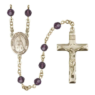 Our Lady of Rosa Mystica Rosary with Gold-filled Traditional Crucifix and Centerpiece, Birthstone 6mm Austrian Crystal Amethyst Beads for February