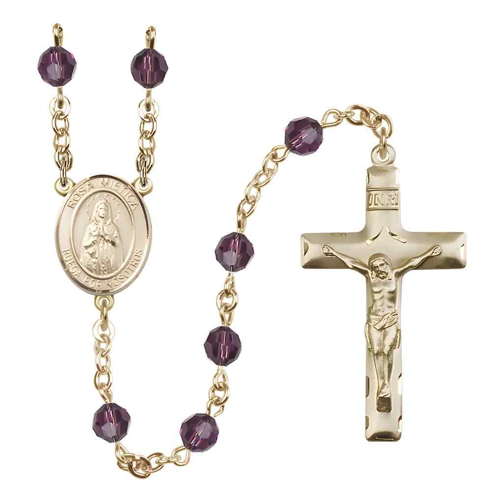 Spanish Rosa Mystica Rosary with Gold-filled Traditional Crucifix and Centerpiece, Birthstone 6mm Austrian Crystal Amethyst Beads for February