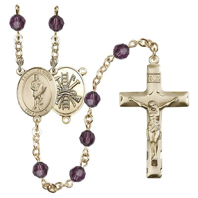 St. Florian centerpiece with firefighter gear on back Birthstone 14kt Gold Rosary with Amethyst 6mm Austrian crystal beads with a traditional crucifix, Bliss Manufacturing
