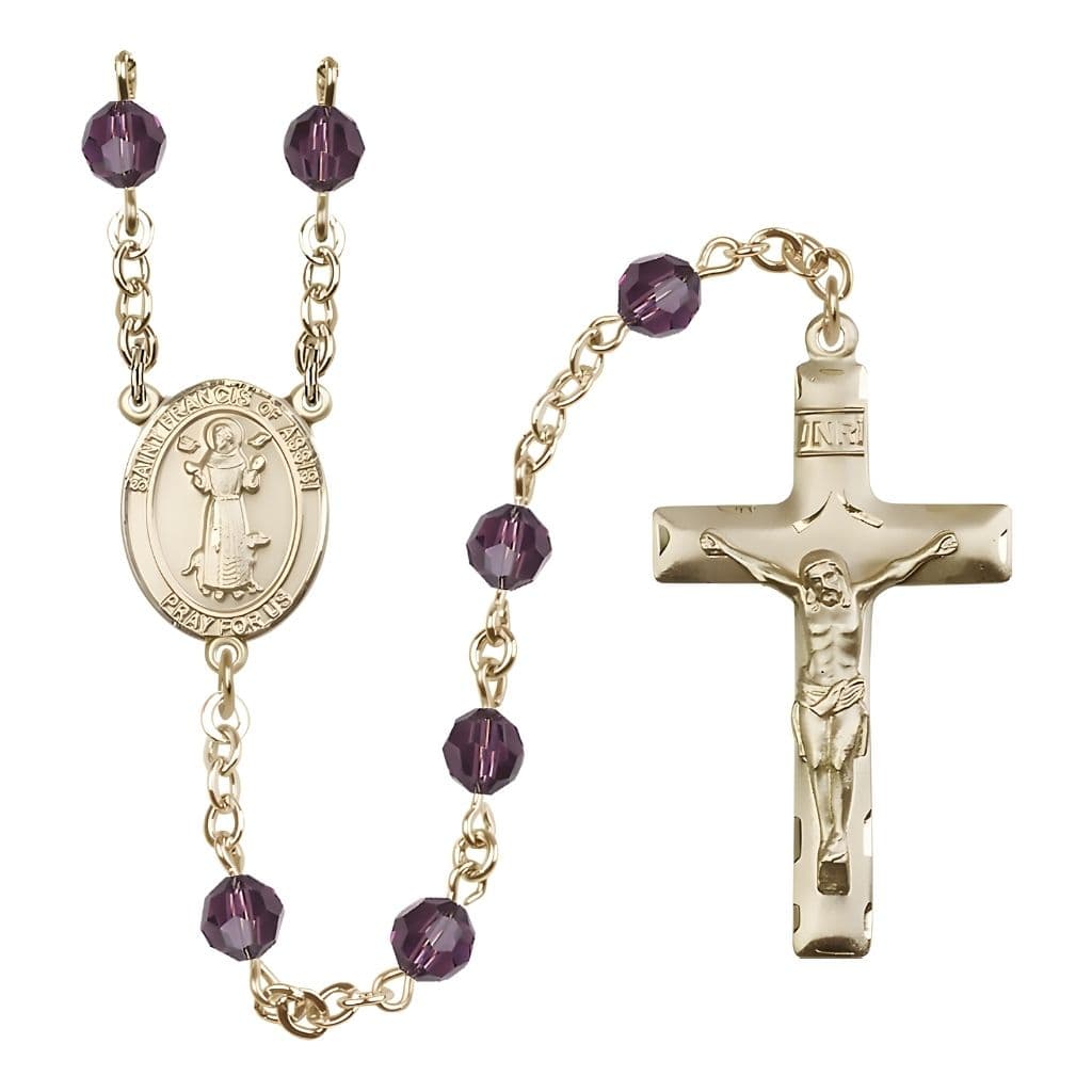 Bliss St. Francis of Assisi 14kt Gold Amethyst 6mm Austrian Crystal Bead Rosary, USA Made