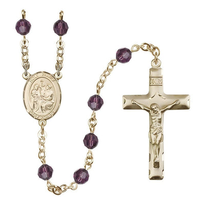 Holy Family Engravable Rosary with 14kt Gold Crucifix and Centerpiece, Birthstone 6mm Austrian Crystal Amethyst Beads for February, Bliss Manufacturing