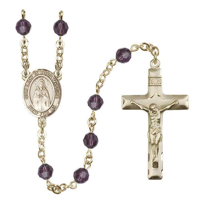 Our Lady of Rosa Mystica Rosary with 14kt Gold Traditional Crucifix and Centerpiece, Birthstone 6mm Austrian Crystal Amethyst Beads for February