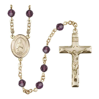 Spanish Rosa Mystica Rosary with 14kt Gold Traditional Crucifix and Centerpiece, Birthstone 6mm Austrian Crystal Amethyst Beads for February
