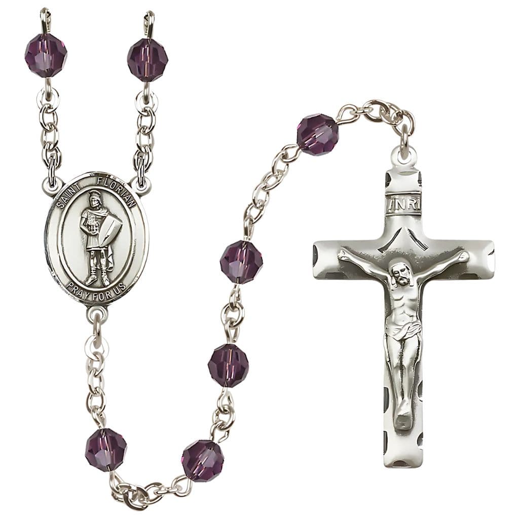 Bliss St. Florian Sterling Silver Rosary with Birthstone 6mm Round Austrian Crystal beads in Amethyst