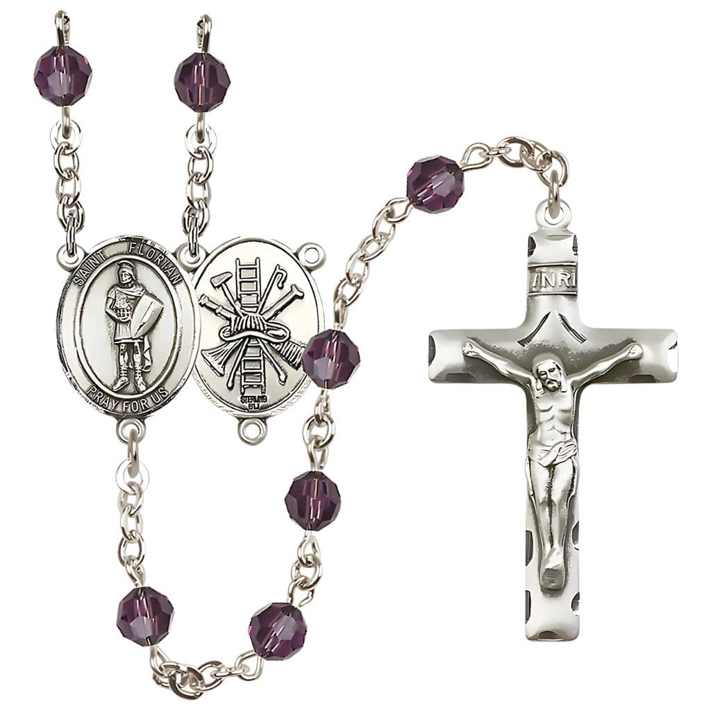 Bliss St Florian Firefighter Sterling Silver 6mm Austrian Amethyst Crystal Birthstone Rosary,