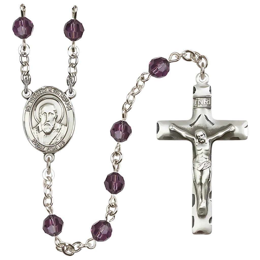 St. Francis de Sales Rosary with 6mm Amethyst Austrian Crystal Beads and Sterling Silver,