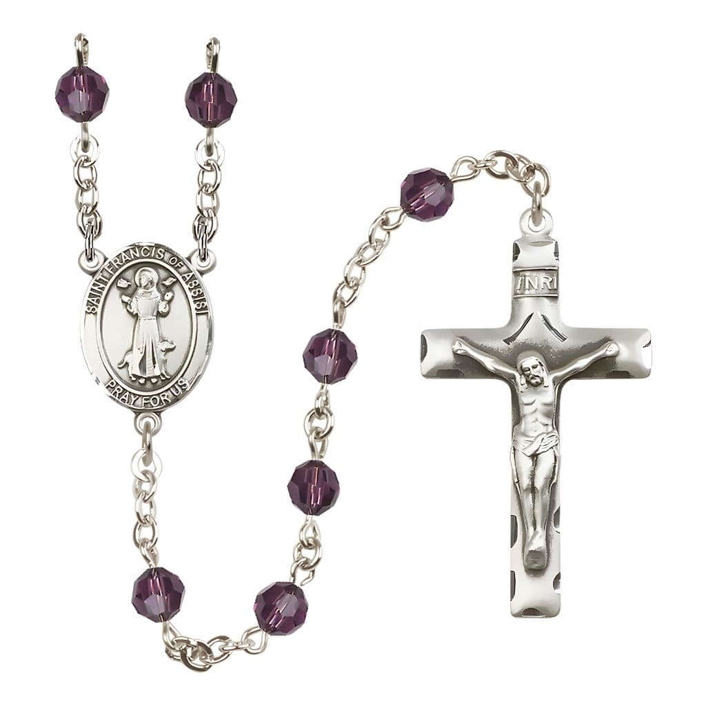Bliss St. Francis of Assisi Sterling Silver 6mm Amethyst Austrian Crystal Bead Rosary, USA Made