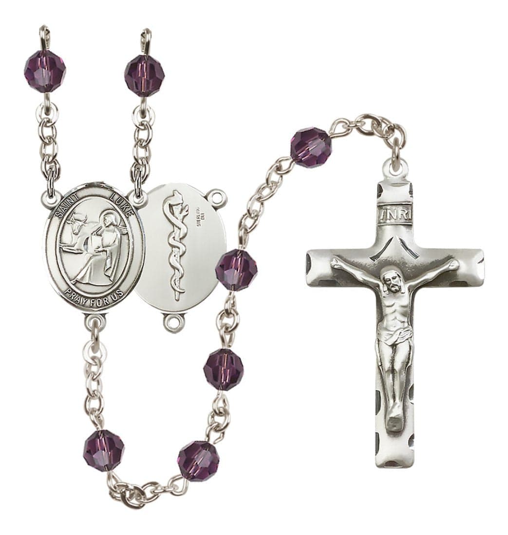 Bliss Sterling Silver 6mm Austrian Crystal Saint Luke the Apostle / Doctor Rosary in Amethyst,