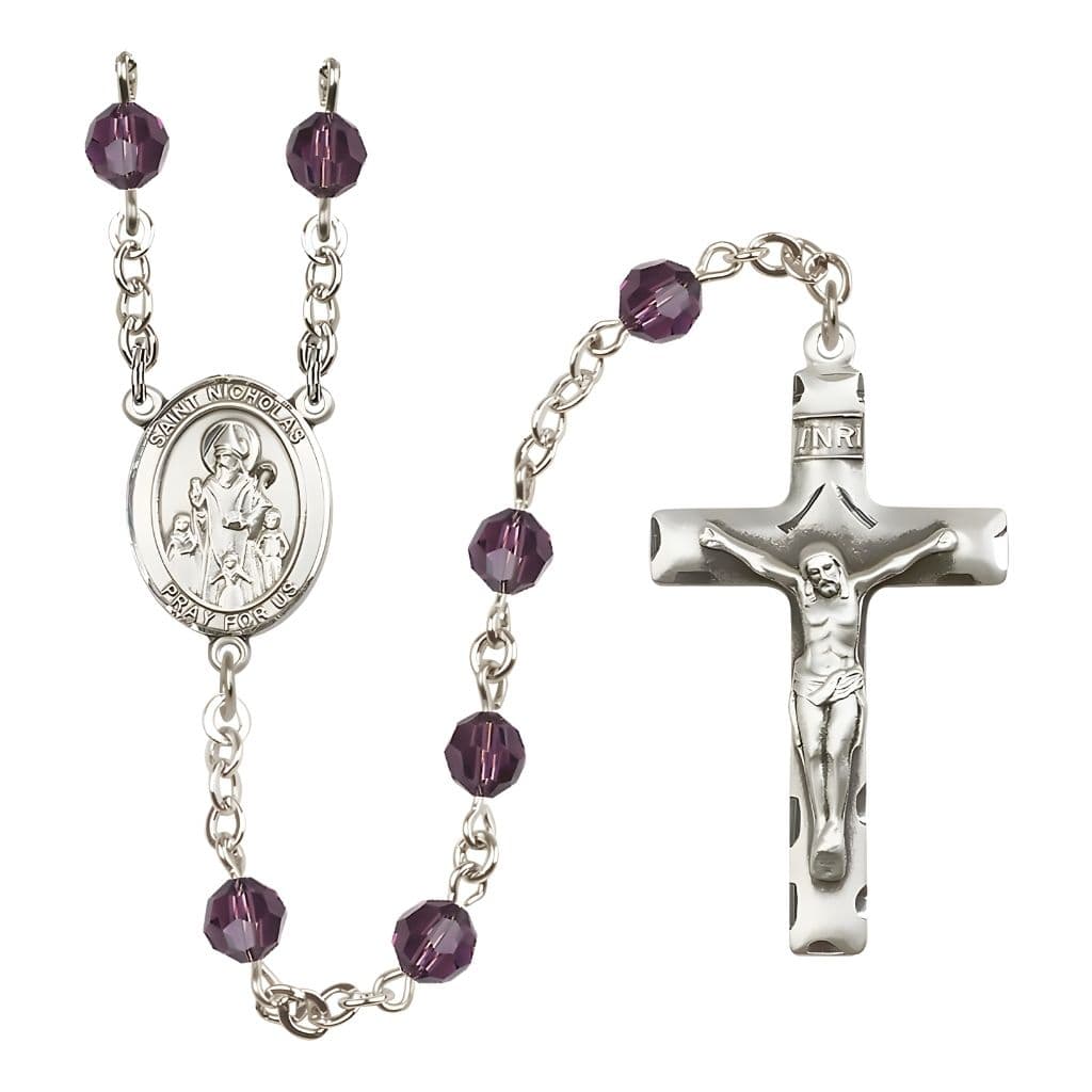 Bliss St. Nicholas Rosary, February Birthstone 6mm Amethyst Austrian Crystal Beads with Sterling Silver Centerpiece and Crucifix