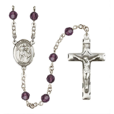 St. Sebastian Engravable Rosary with Sterling Silver Crucifix and Centerpiece, Birthstone 6mm Austrian Crystal Amethyst Beads for February, Bliss Manufacturing