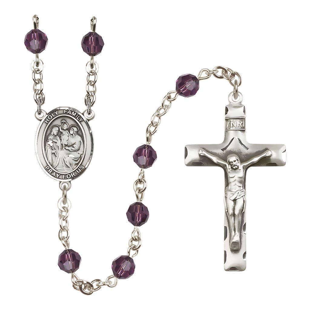 Bliss Holy Family Engravable Rosary with Sterling Silver Crucifix and Centerpiece, Birthstone 6mm Austrian Crystal Amethyst Beads for February