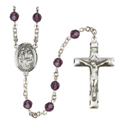 Holy Family Engravable Rosary with Sterling Silver Crucifix and Centerpiece, Birthstone 6mm Austrian Crystal Amethyst Beads for February, Bliss Manufacturing